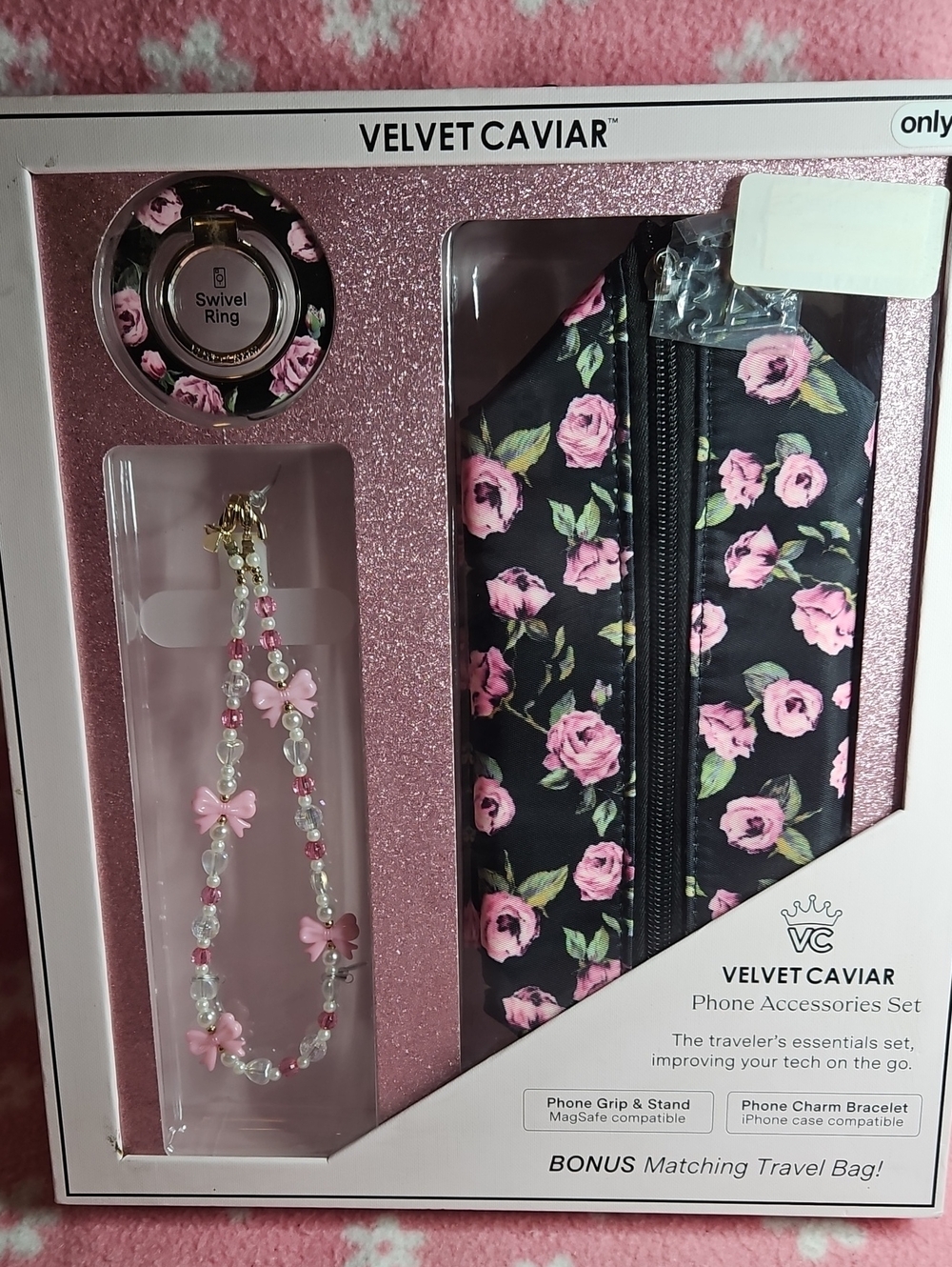 Velvet Caviar Black Case & Pink Floral Phone Accessory Set